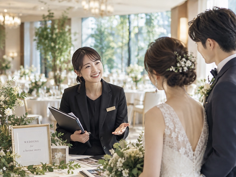 婚礼施設で新郎新婦に案内するフリープランナー