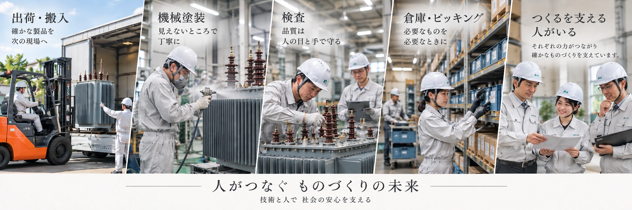 出荷・機械塗装・検査・倉庫ピッキングなど、製造現場で働くスタッフたち