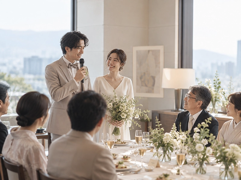 会食で親族にあいさつする新郎新婦