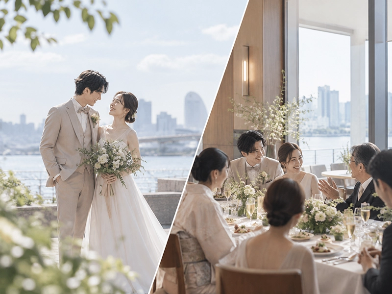 水辺でのフォトウエディングと親族との会食