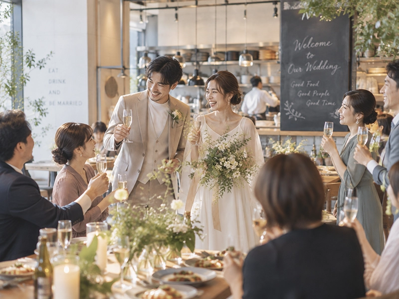 カフェスタイルの1.5次会で乾杯する新郎新婦とゲスト