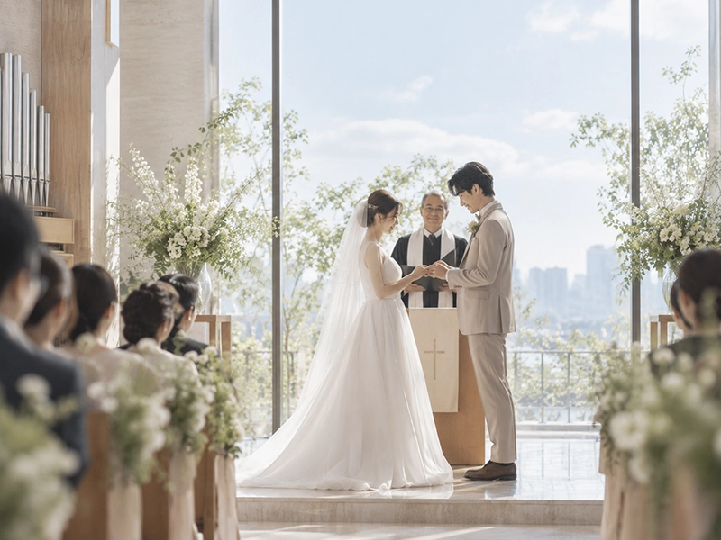 チャペルで指輪交換をする新郎新婦と参列者